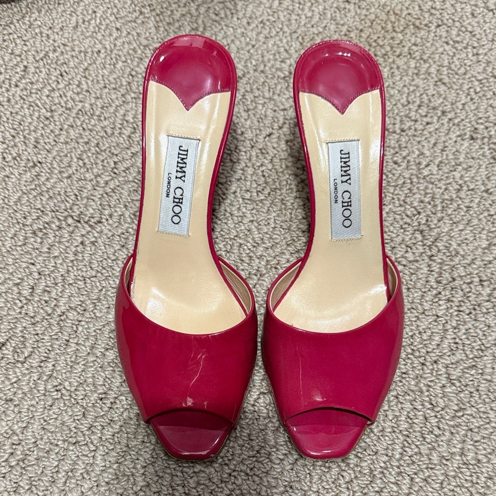 AUTHENTIC Jimmy Choo Patent Leather Fuchsia Peep-Toe Heels